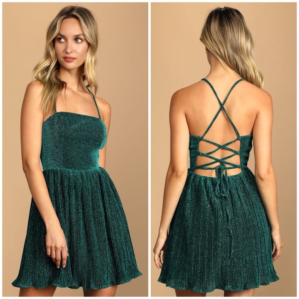 Lulu's Party Era Teal Blue Sparkly Lace-Up Pleated Skater Dress